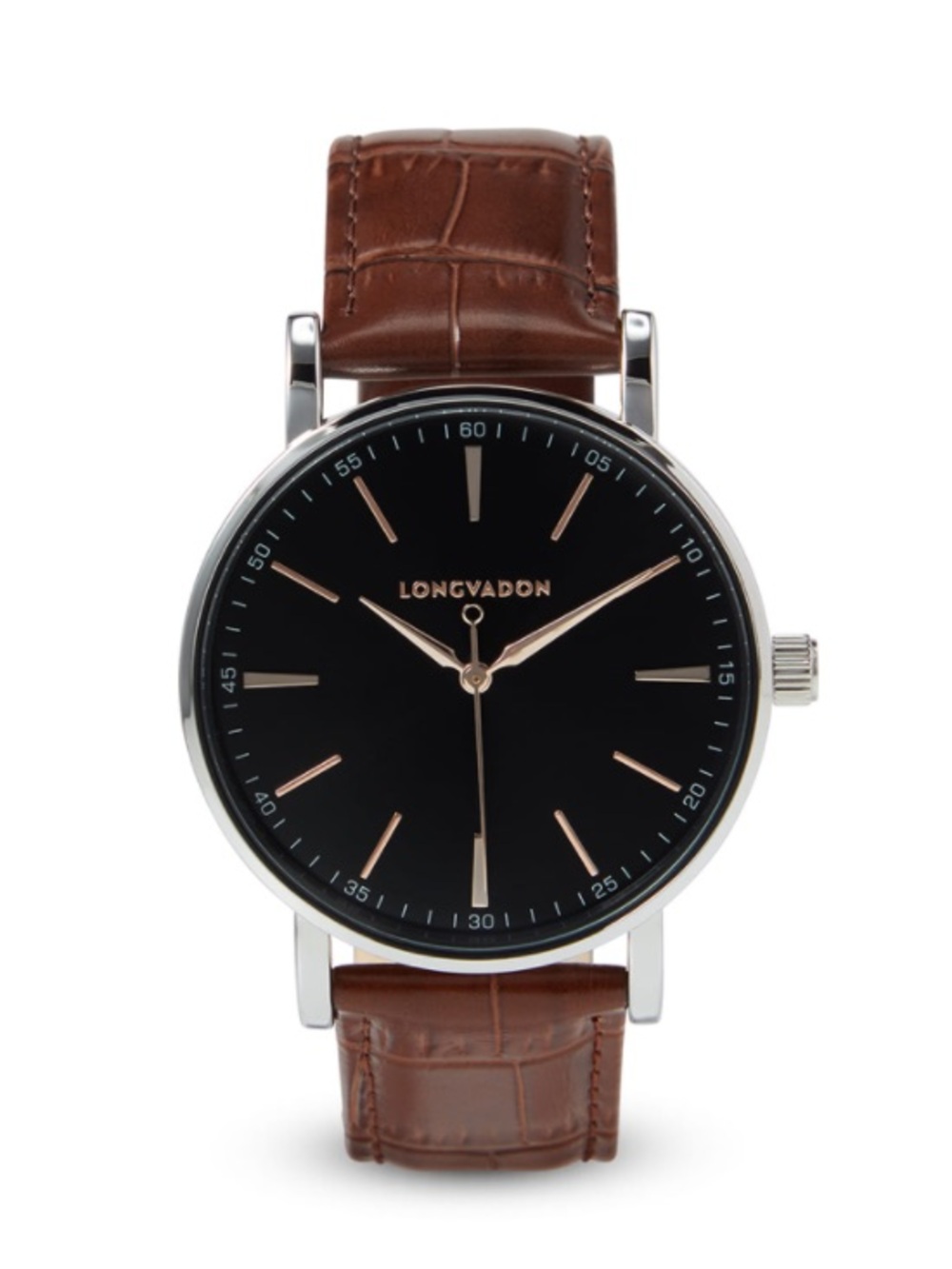 LONGVADON Men's Brown Leather Strap Black Dial Watch